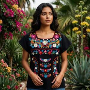 Mexican Embroidered Blouse – Handmade Otomi Floral design  LARGE